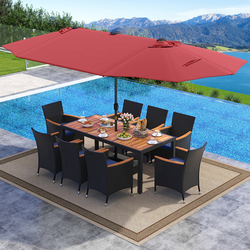 11-Piece Patio Dining Set, LED Umbrella With Base, Cushions, Wine, Navy