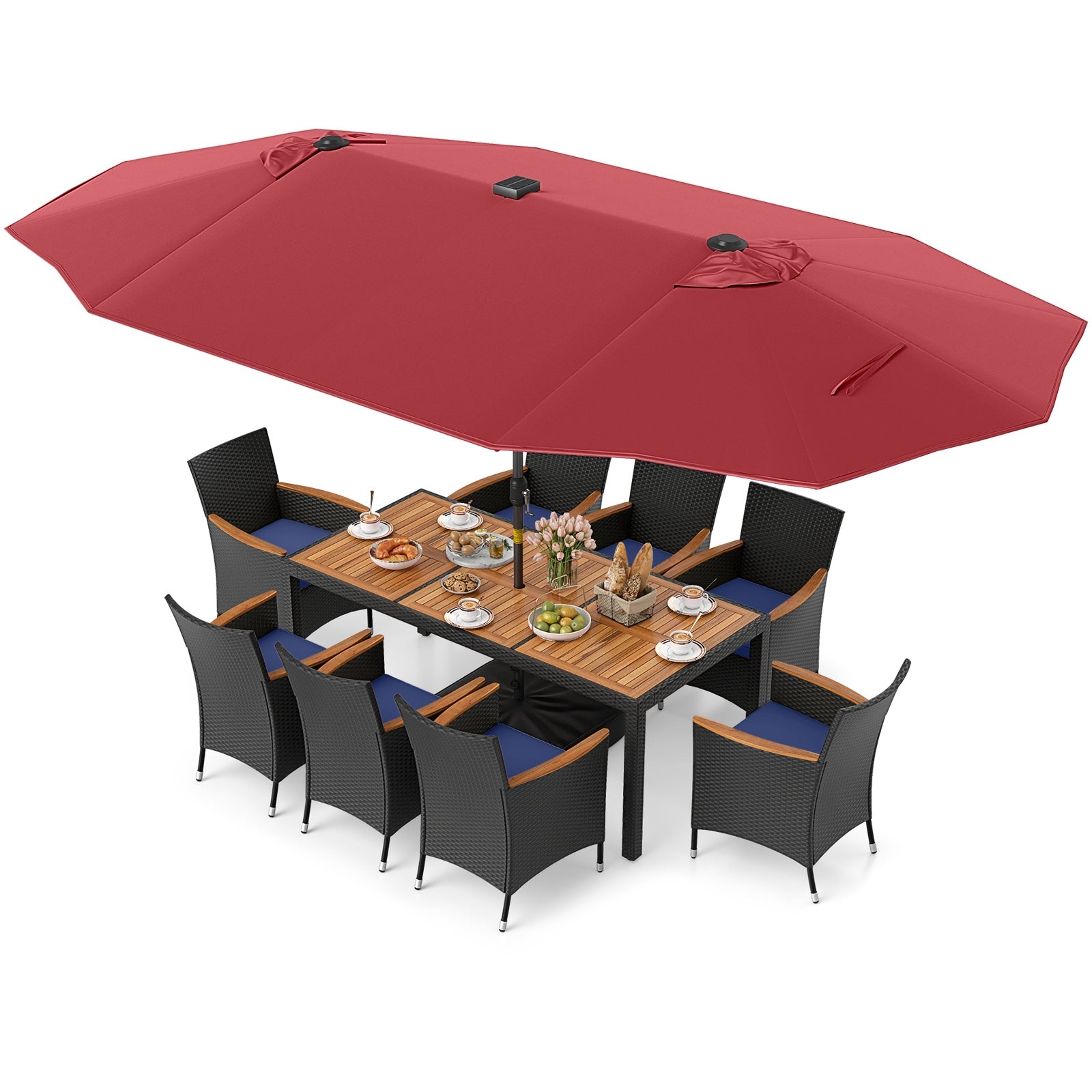 11-Piece Patio Dining Set, LED Umbrella With Base, Cushions, Wine, Navy Patio Dining Sets at Gallery Canada