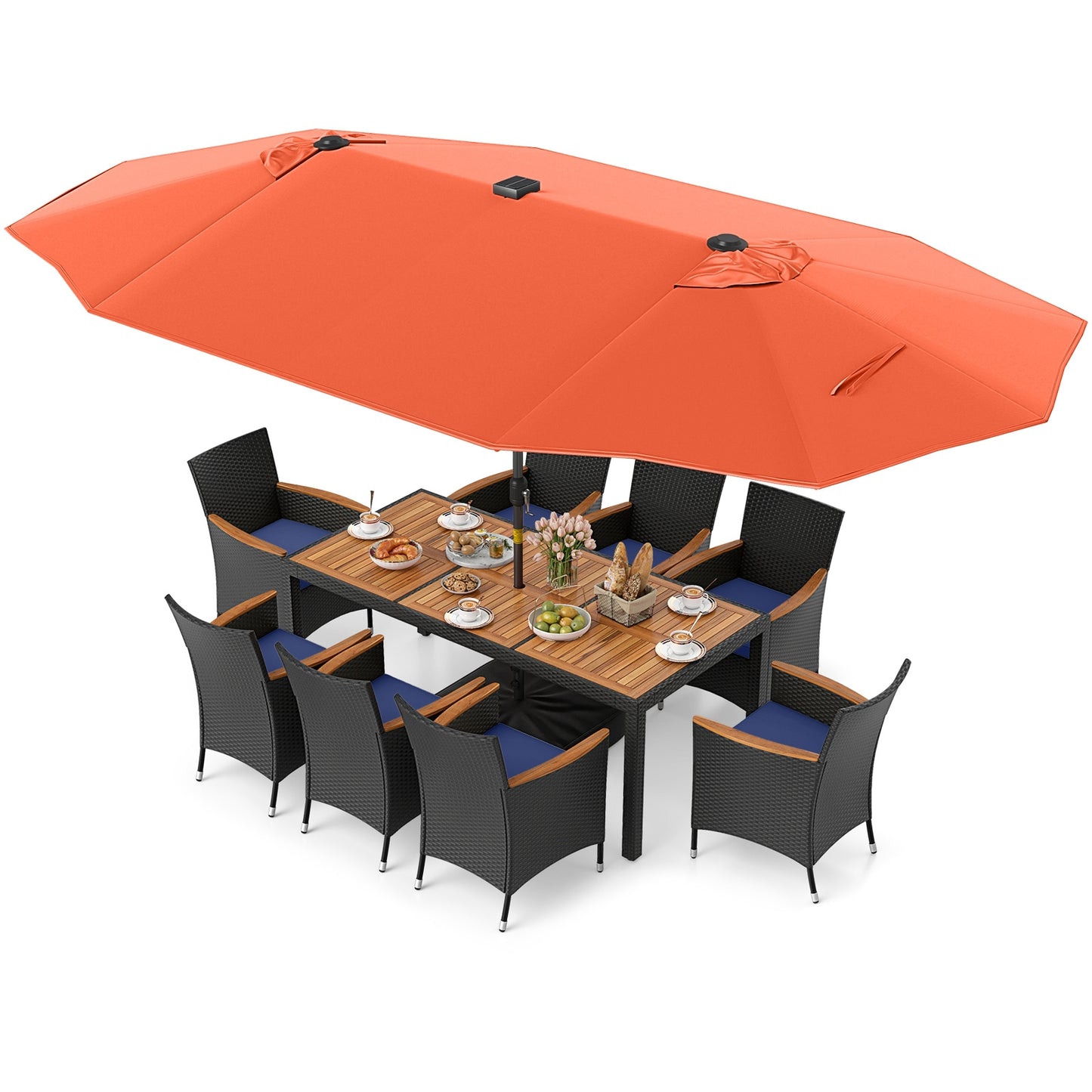 11-Piece Patio Dining Set, LED Umbrella With Base, Cushions, Orange, Navy Patio Dining Sets at Gallery Canada