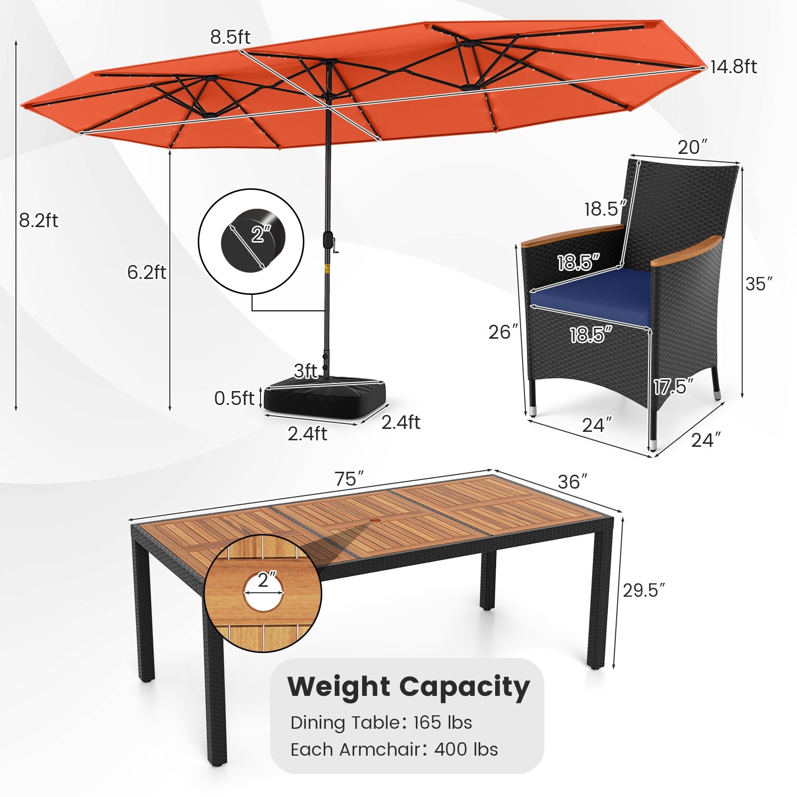 11-Piece Patio Dining Set, LED Umbrella With Base, Cushions, Orange, Navy Patio Dining Sets at Gallery Canada