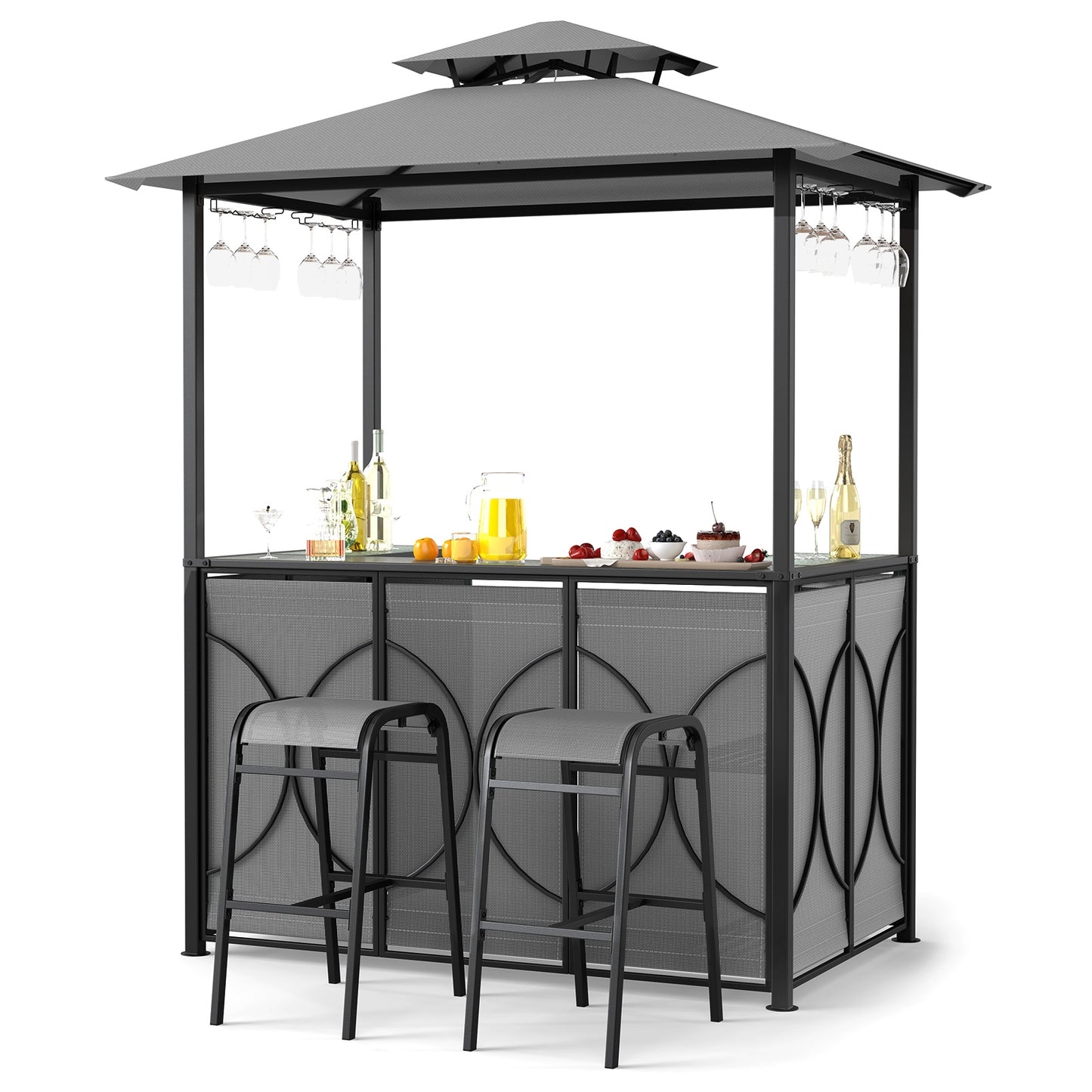 6.5 x 4 x 8 FT Grill Gazebo Set with 2 Bar Stools and Bar Table, Gray Patio Bar Furniture Gray at Gallery Canada