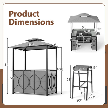 6.5 x 4 x 8 FT Grill Gazebo Set with 2 Bar Stools and Bar Table, Gray Patio Bar Furniture at Gallery Canada