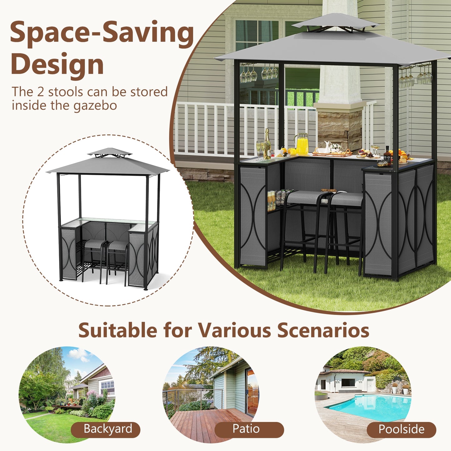 6.5 x 4 x 8 FT Grill Gazebo Set with 2 Bar Stools and Bar Table, Gray Patio Bar Furniture at Gallery Canada