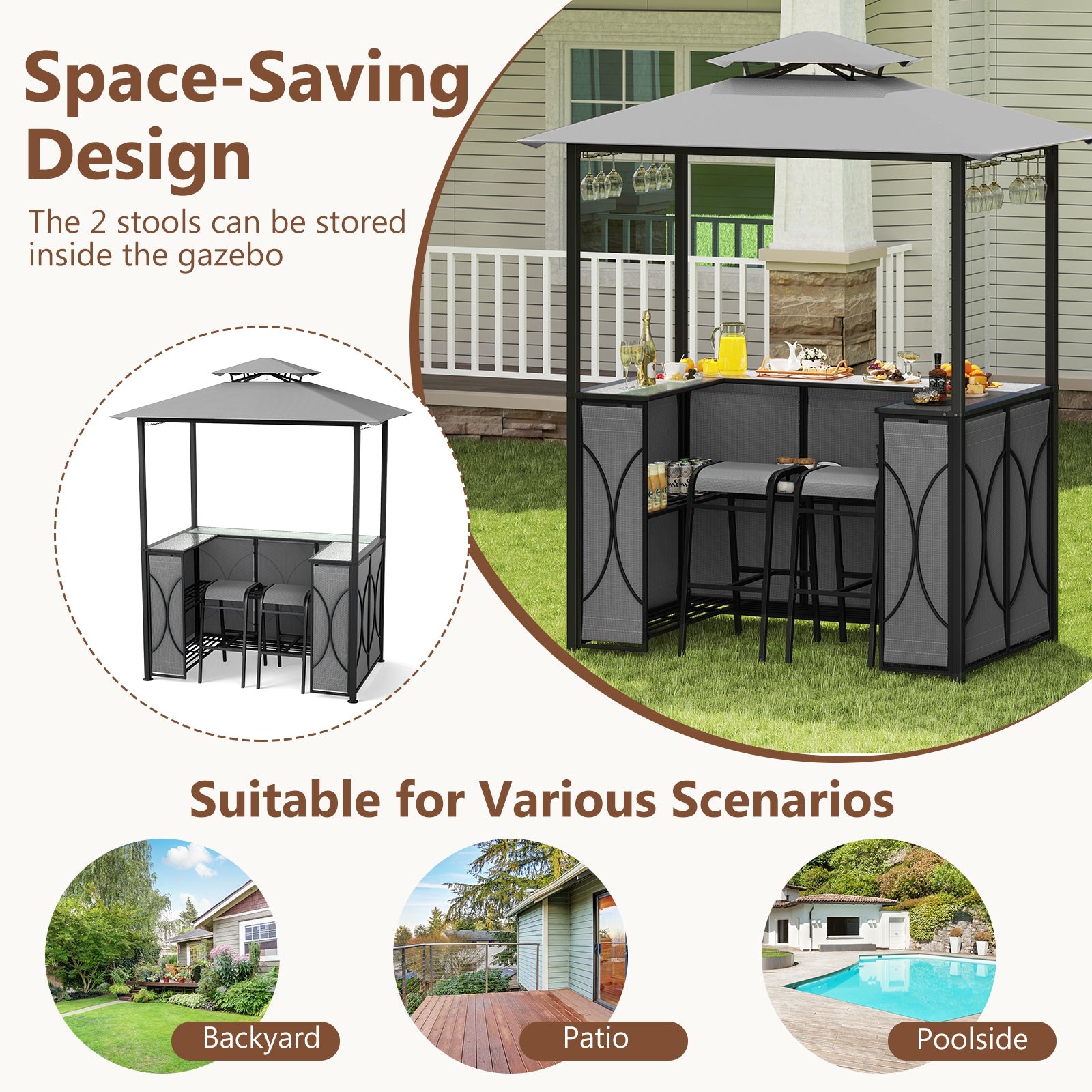 6.5 x 4 x 8 FT Grill Gazebo Set with 2 Bar Stools and Bar Table, Gray Patio Bar Furniture at Gallery Canada