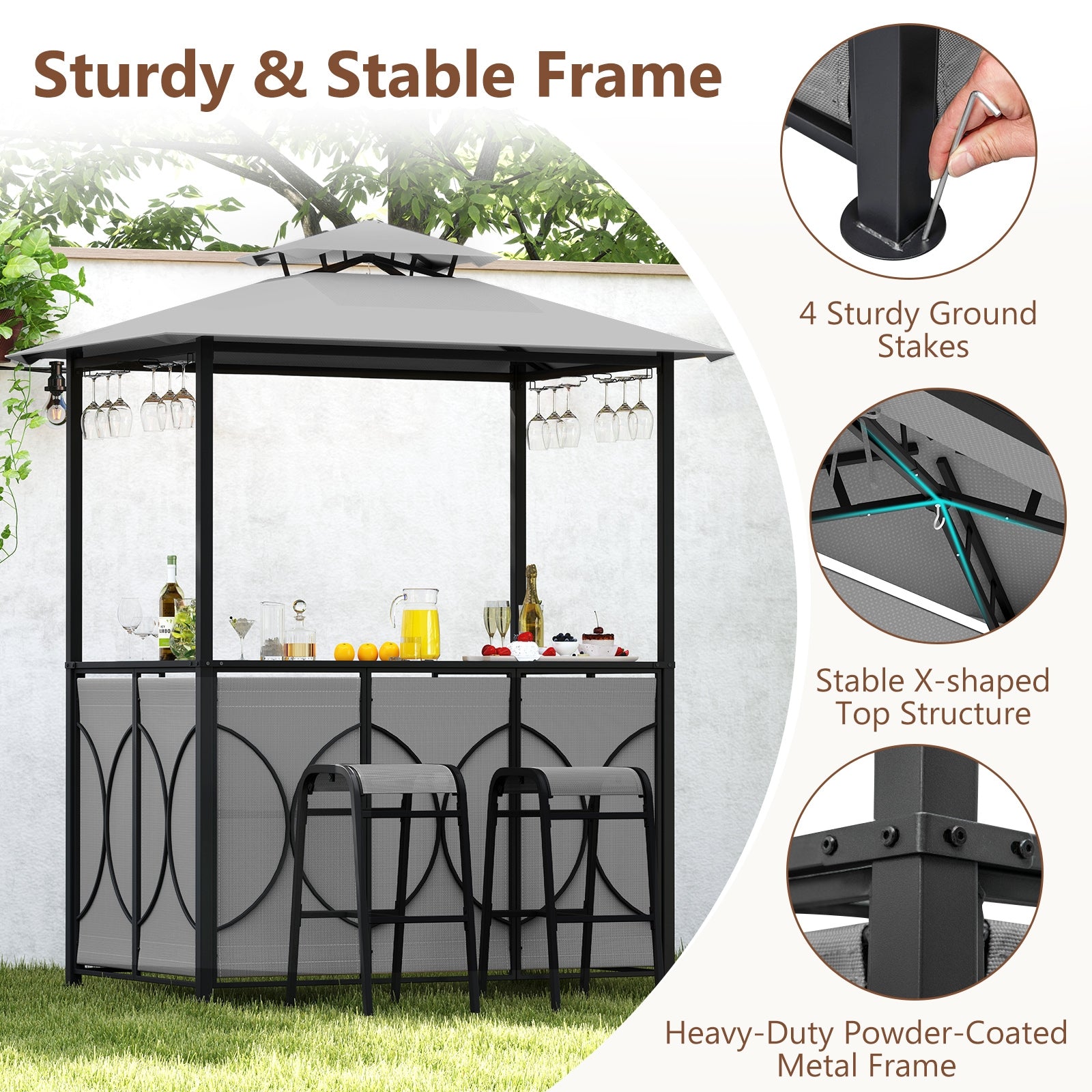 6.5 x 4 x 8 FT Grill Gazebo Set with 2 Bar Stools and Bar Table, Gray Patio Bar Furniture at Gallery Canada