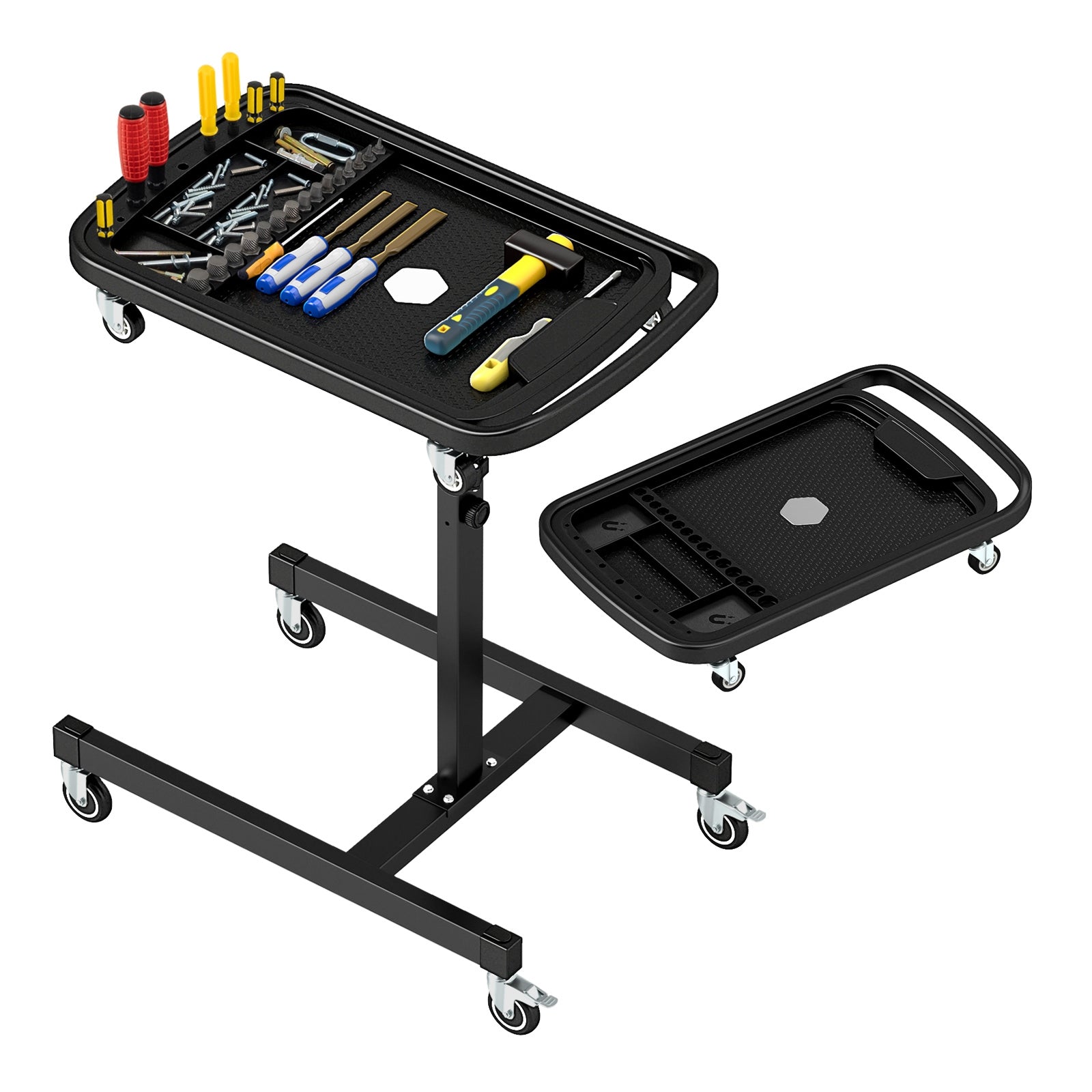 2-in-1 Rolling Tool Tray Height Adjustable Work Table with Detachable Part Tray, Black Outdoor Benches at Gallery Canada