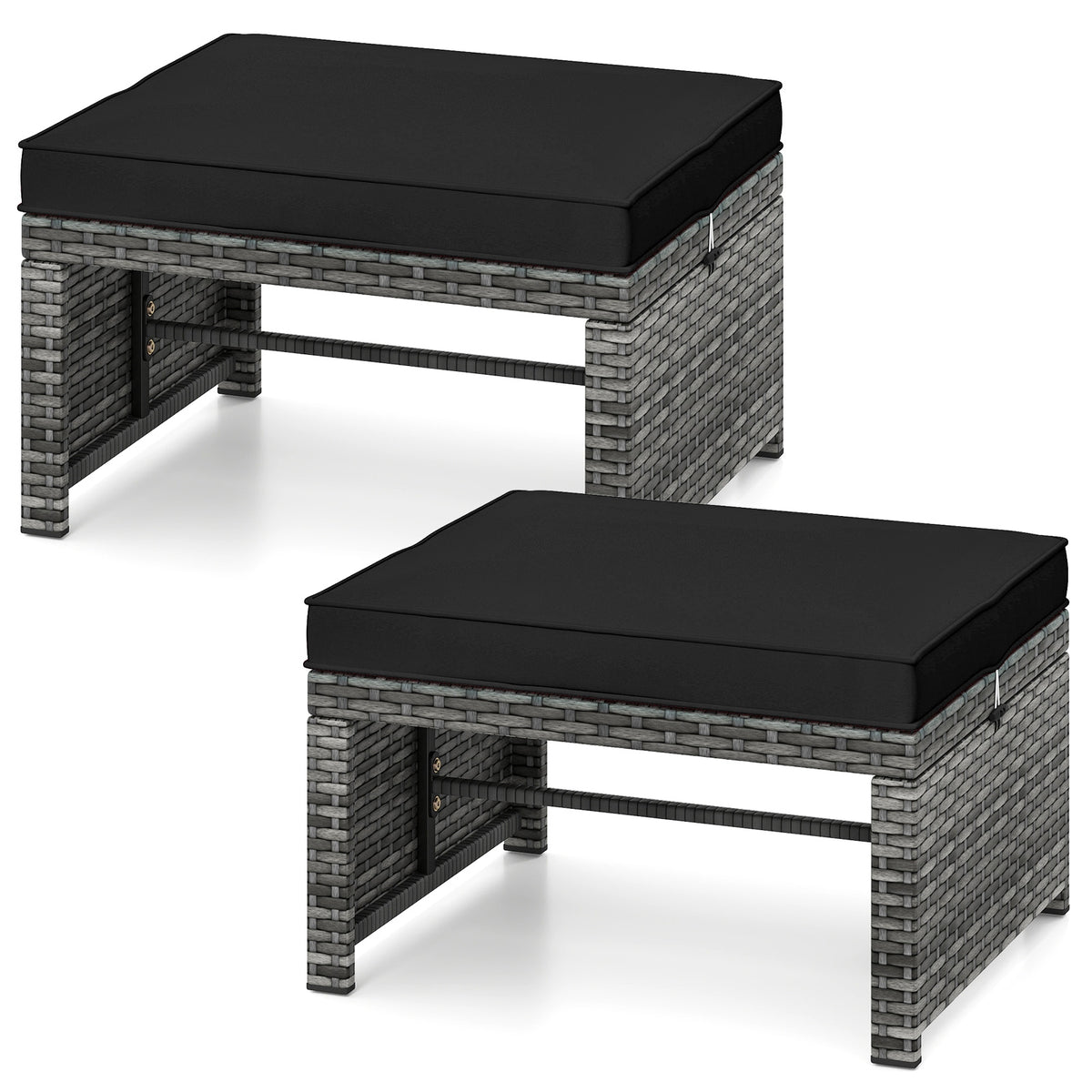 Patio PE Rattan Ottomans, 2 Pieces, Soft Zippered Cushions, Black Outdoor Seating & Patio Chairs at Gallery Canada
