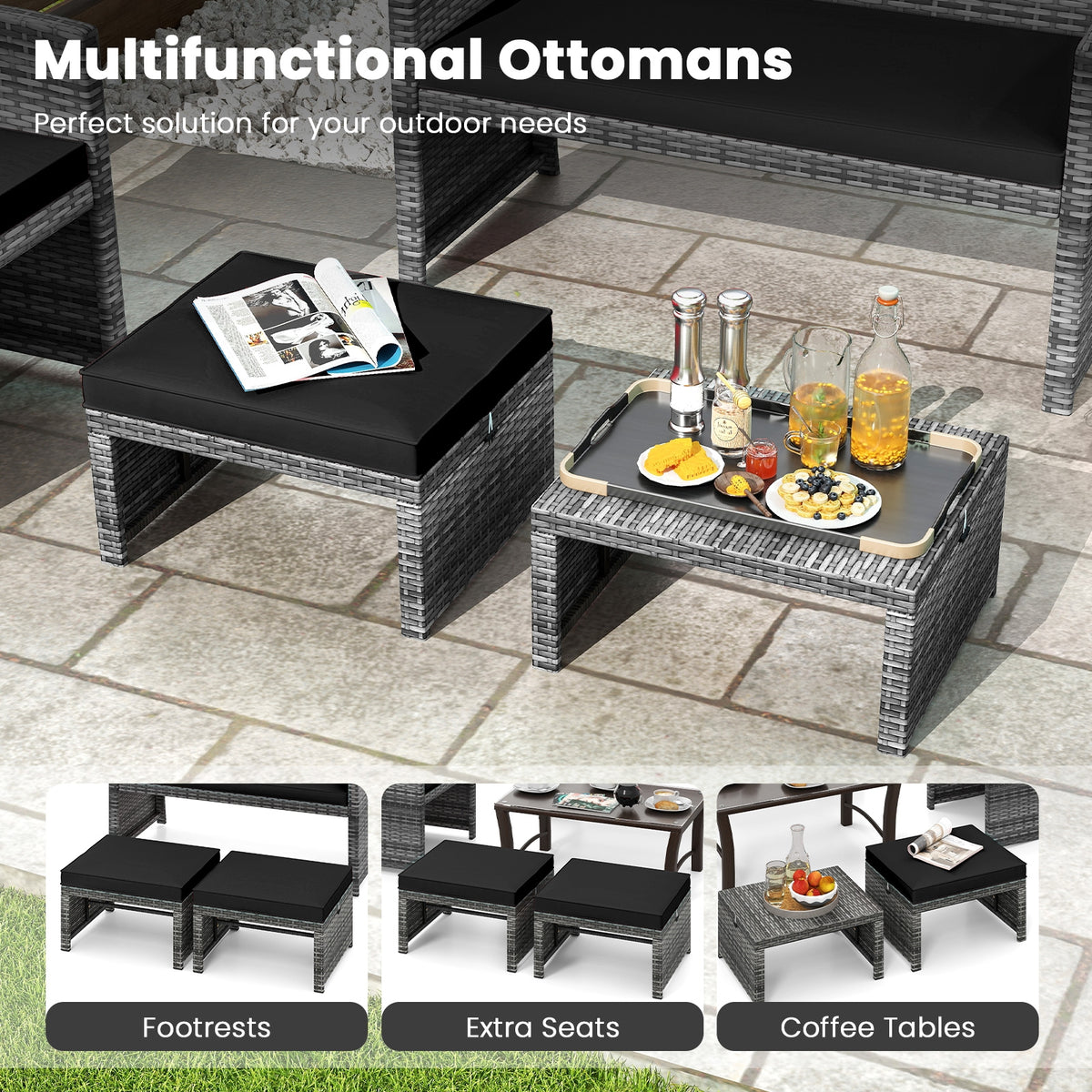 Patio PE Rattan Ottomans, 2 Pieces, Soft Zippered Cushions, Black Outdoor Seating & Patio Chairs at Gallery Canada