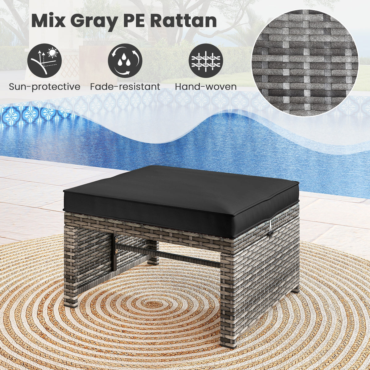 Patio PE Rattan Ottomans, 2 Pieces, Soft Zippered Cushions, Black Outdoor Seating & Patio Chairs at Gallery Canada