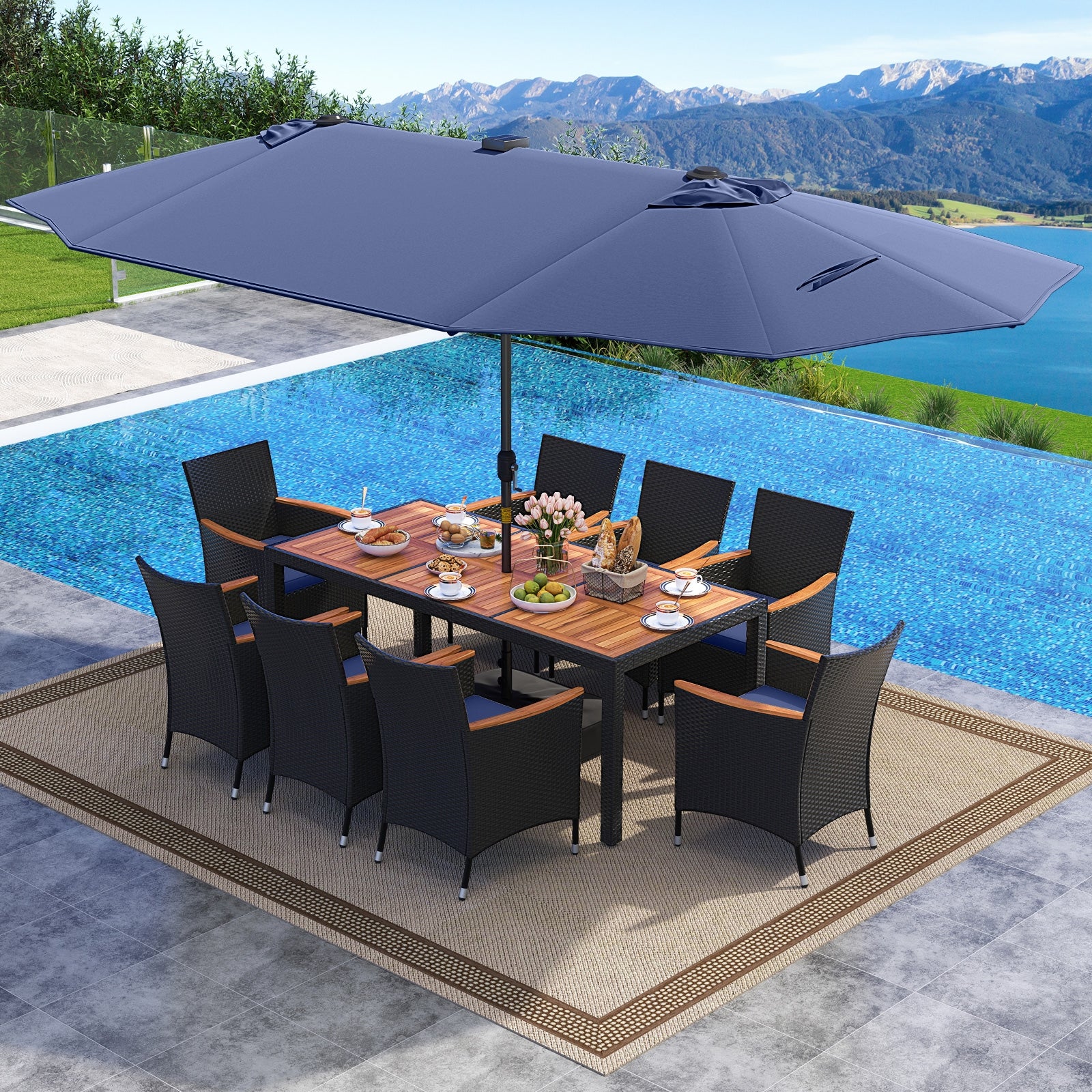 11 Piece Patio Dining Set, LED Umbrella With Base, Seat Cushions, Navy Patio Dining Sets at Gallery Canada