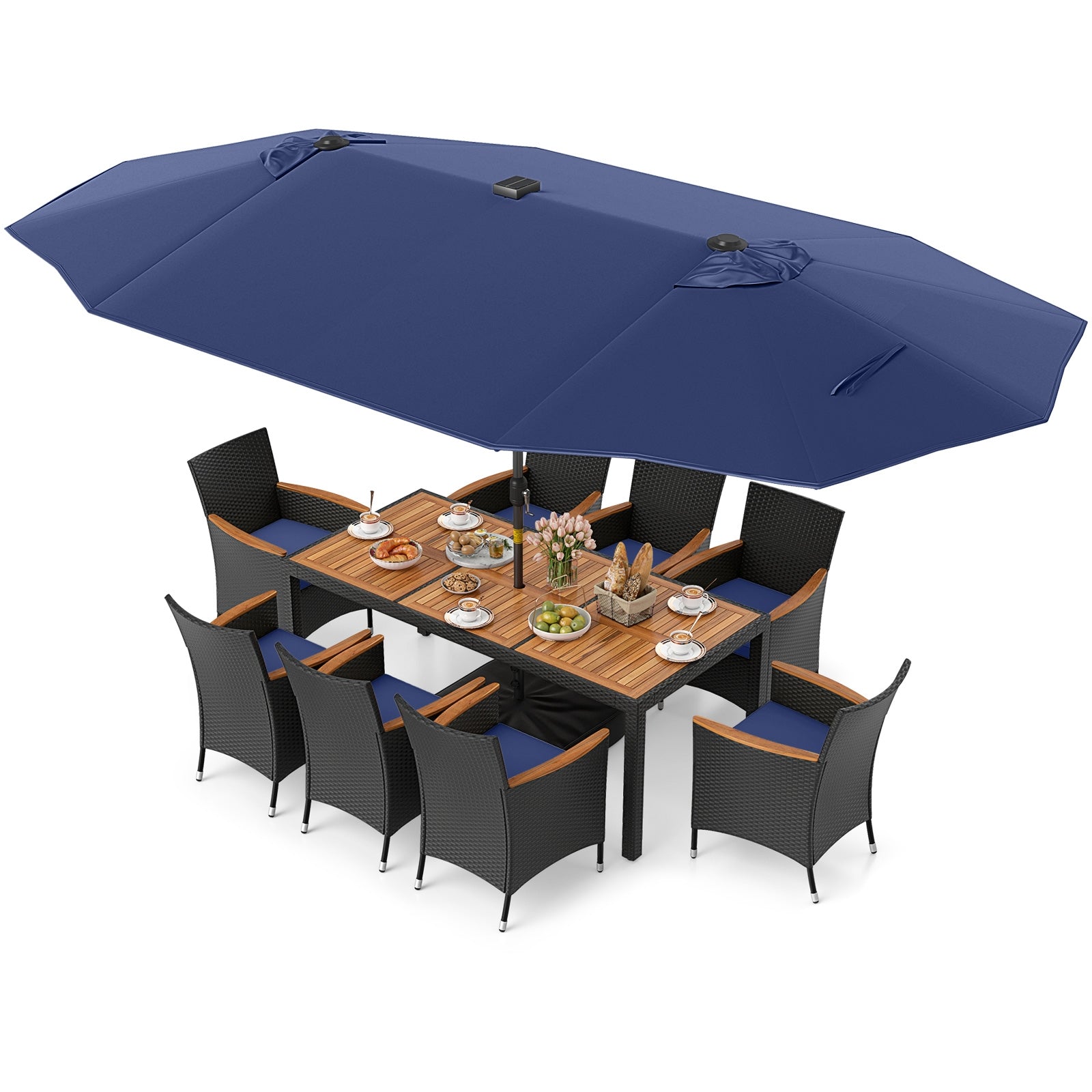 11 Piece Patio Dining Set, LED Umbrella With Base, Seat Cushions, Navy Patio Dining Sets Navy at Gallery Canada