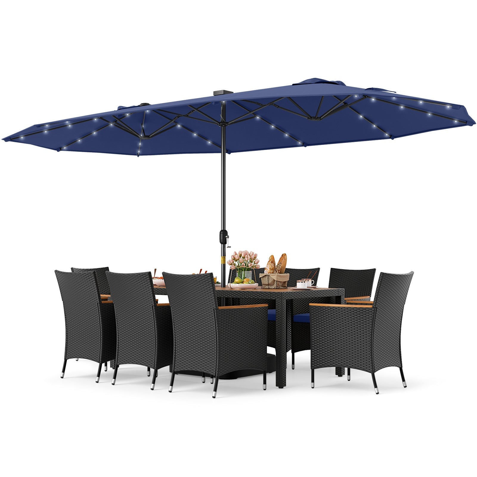 11 Piece Patio Dining Set, LED Umbrella With Base, Seat Cushions, Navy Patio Dining Sets at Gallery Canada