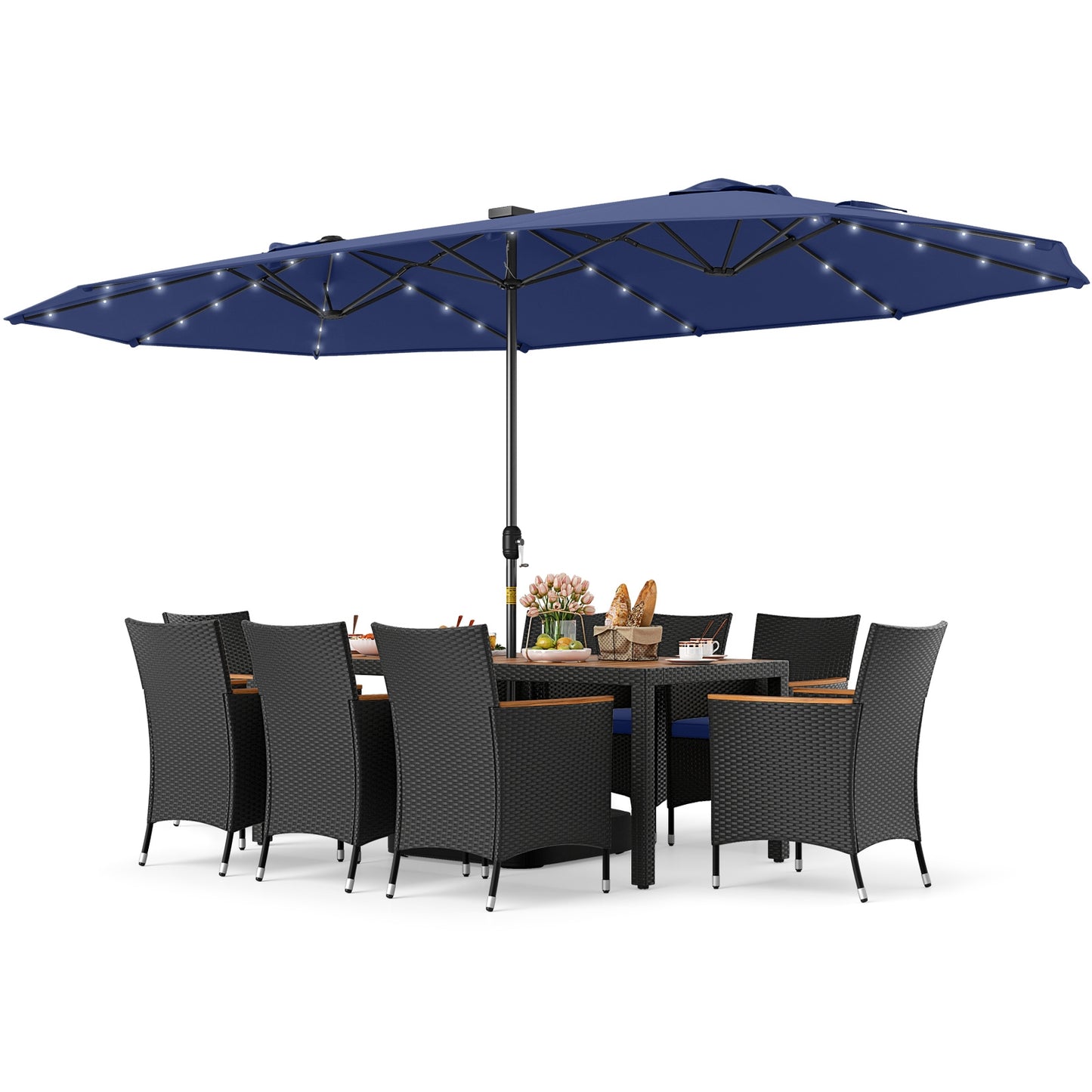 11 Piece Patio Dining Set, LED Umbrella With Base, Seat Cushions, Navy Patio Dining Sets at Gallery Canada
