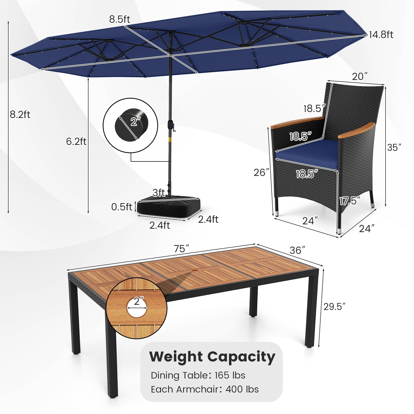 11 Piece Patio Dining Set, LED Umbrella With Base, Seat Cushions, Navy Patio Dining Sets at Gallery Canada