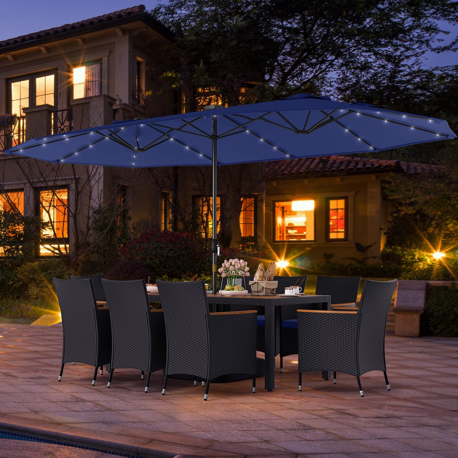 11 Piece Patio Dining Set, LED Umbrella With Base, Seat Cushions, Navy Patio Dining Sets at Gallery Canada