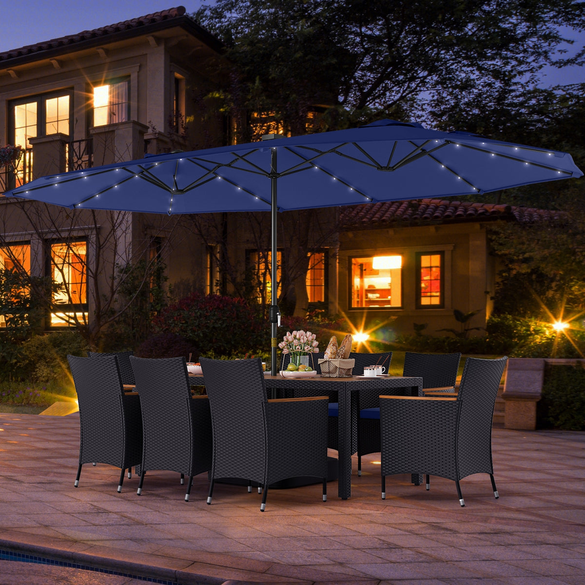 11 Piece Patio Dining Set, LED Umbrella With Base, Seat Cushions, Navy Patio Dining Sets at Gallery Canada