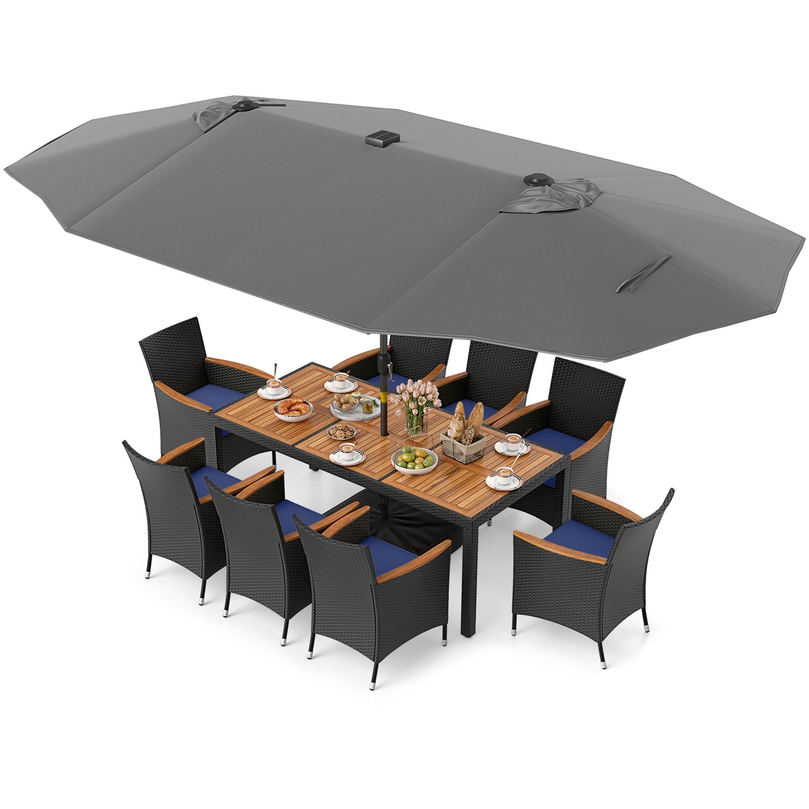 11 Piece Patio Dining Set, LED Umbrella With Base, Navy Gray Patio Dining Sets at Gallery Canada