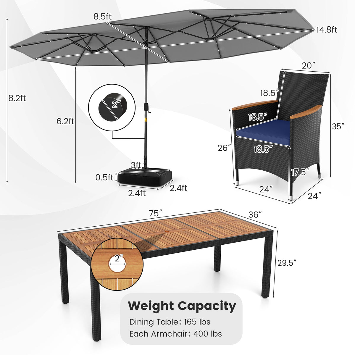 11 Piece Patio Dining Set, LED Umbrella With Base, Navy Gray Patio Dining Sets at Gallery Canada