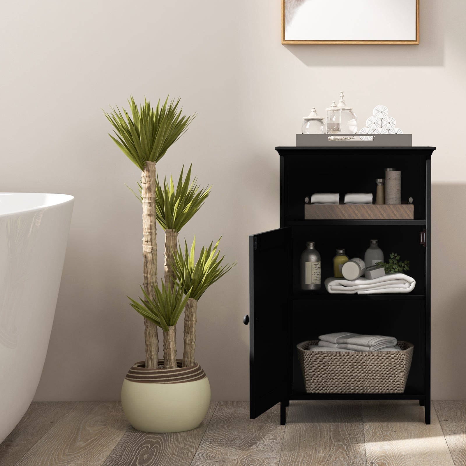 Bathroom Freestanding Floor Storage Cabinet with Adjustable Shelf, Black Floor Cabinets at Gallery Canada