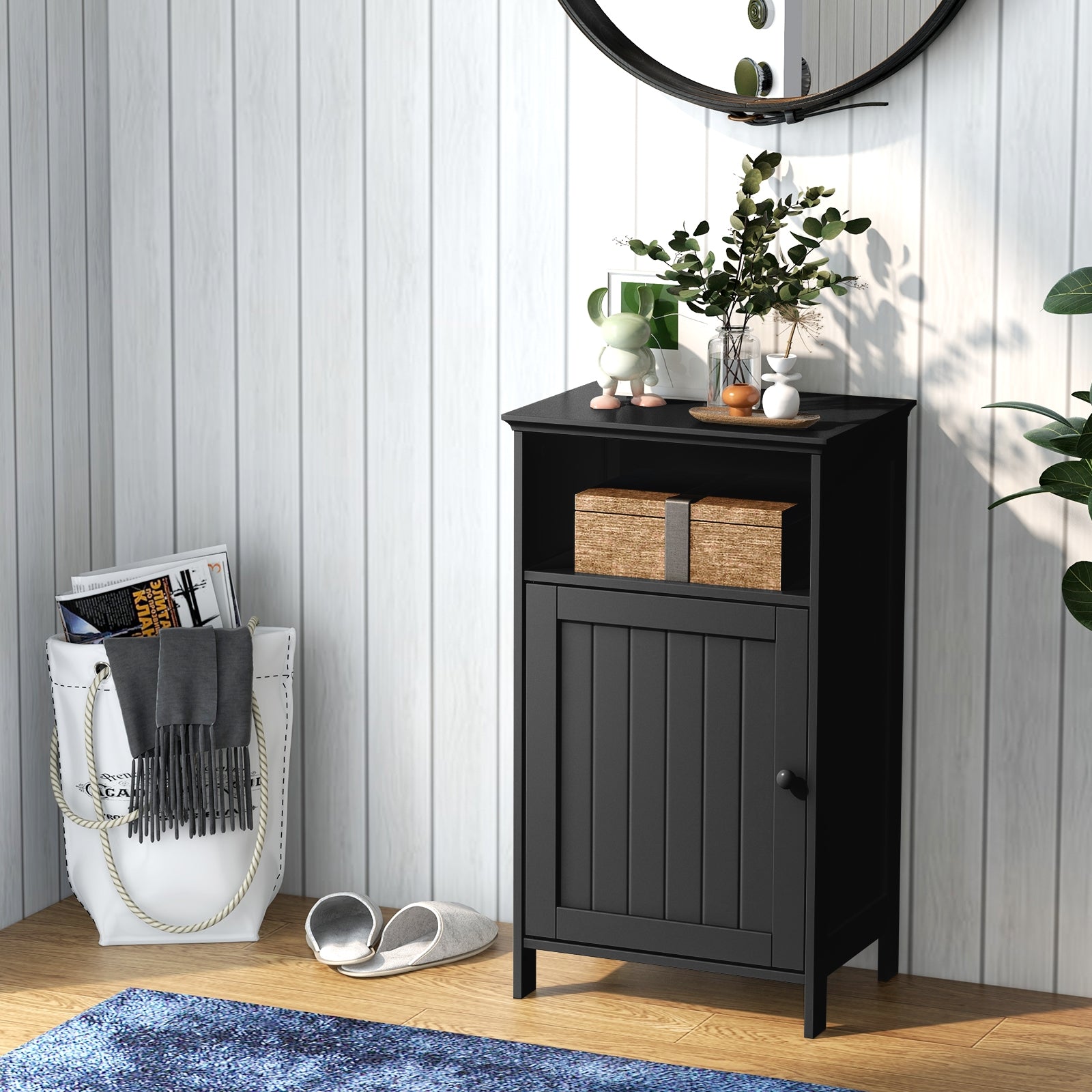 Bathroom Freestanding Floor Storage Cabinet with Adjustable Shelf, Black Floor Cabinets at Gallery Canada