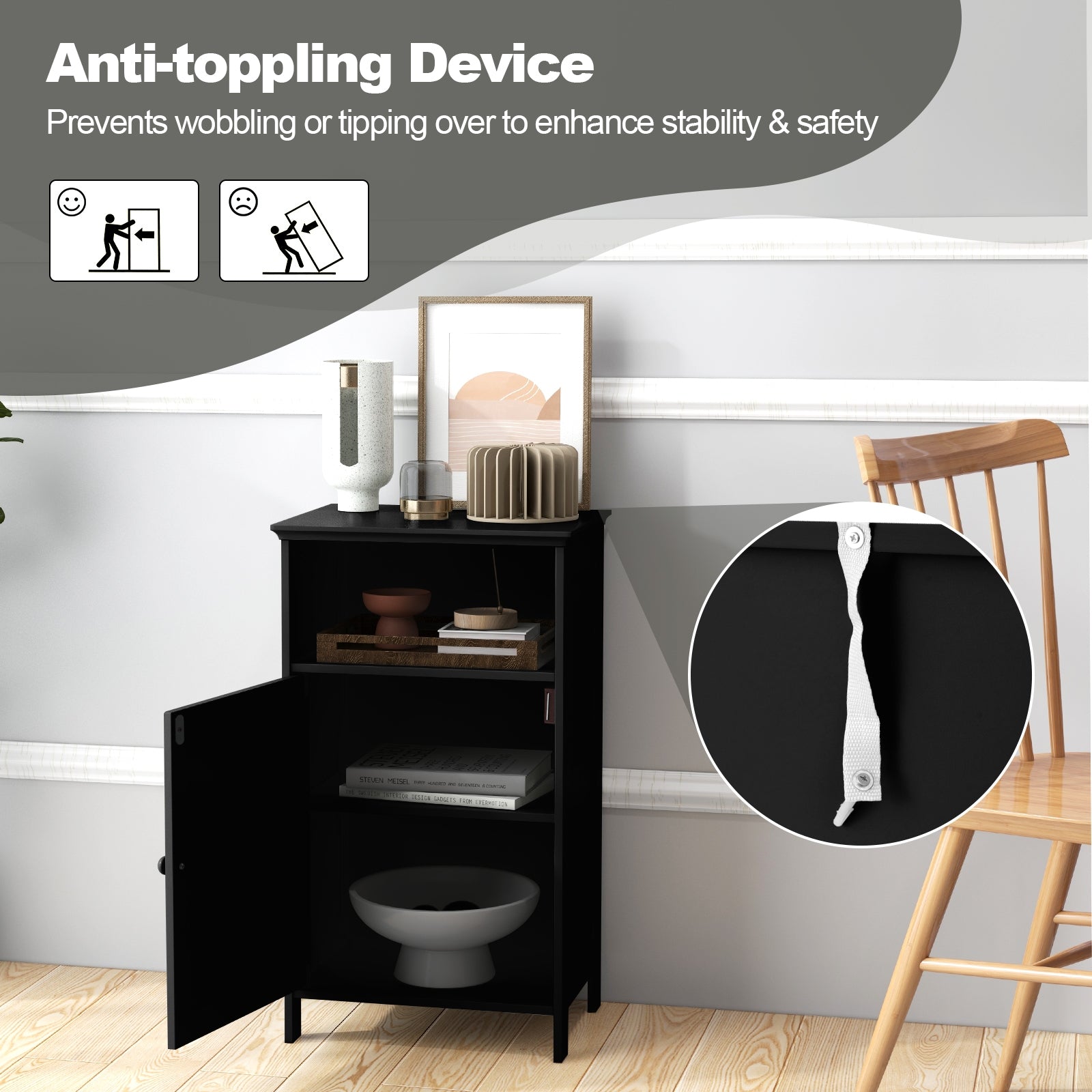 Bathroom Freestanding Floor Storage Cabinet with Adjustable Shelf, Black Floor Cabinets at Gallery Canada