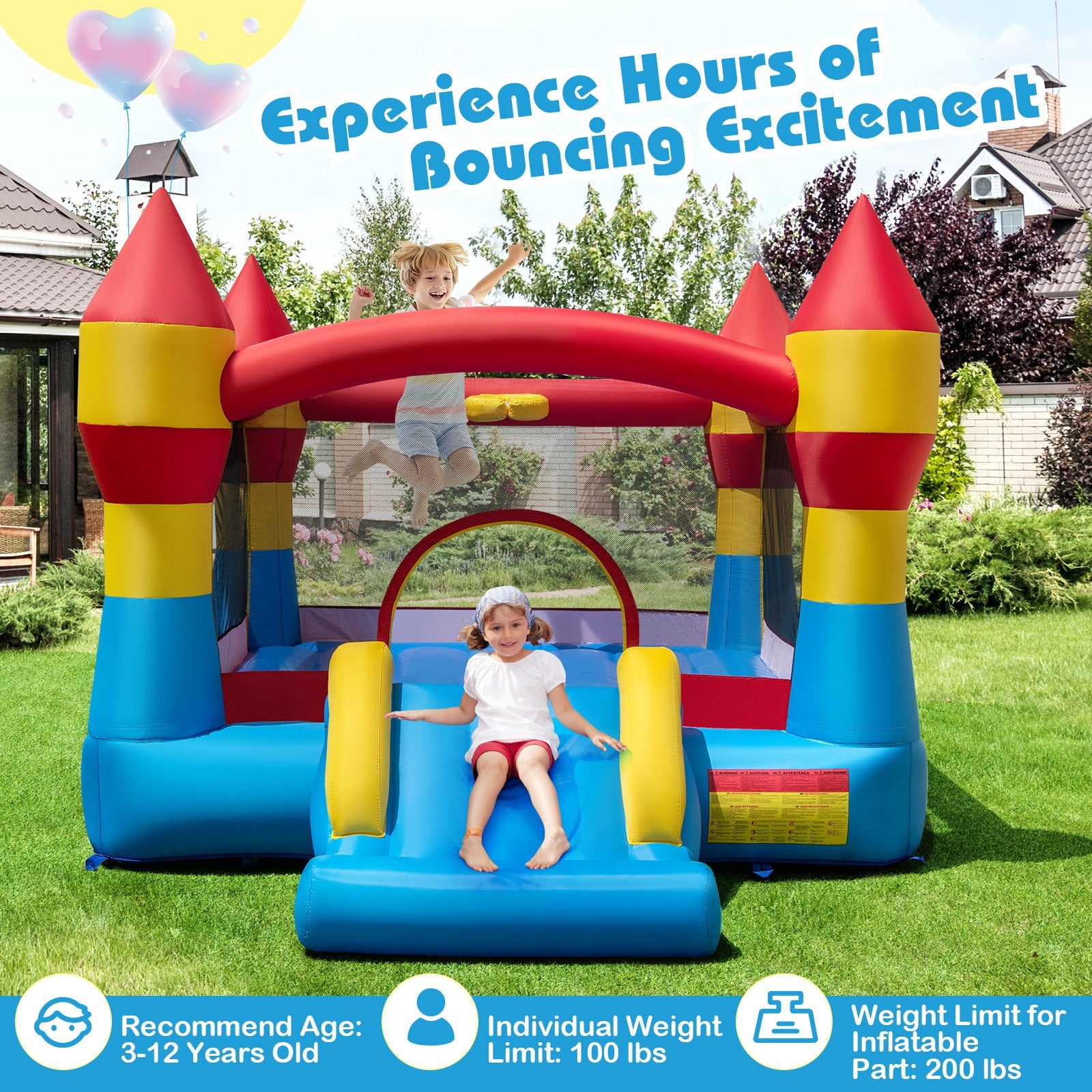 3-in-1 Kids Bouncer with Slide with 480W Blower for Yard, Blue Bounce House at Gallery Canada