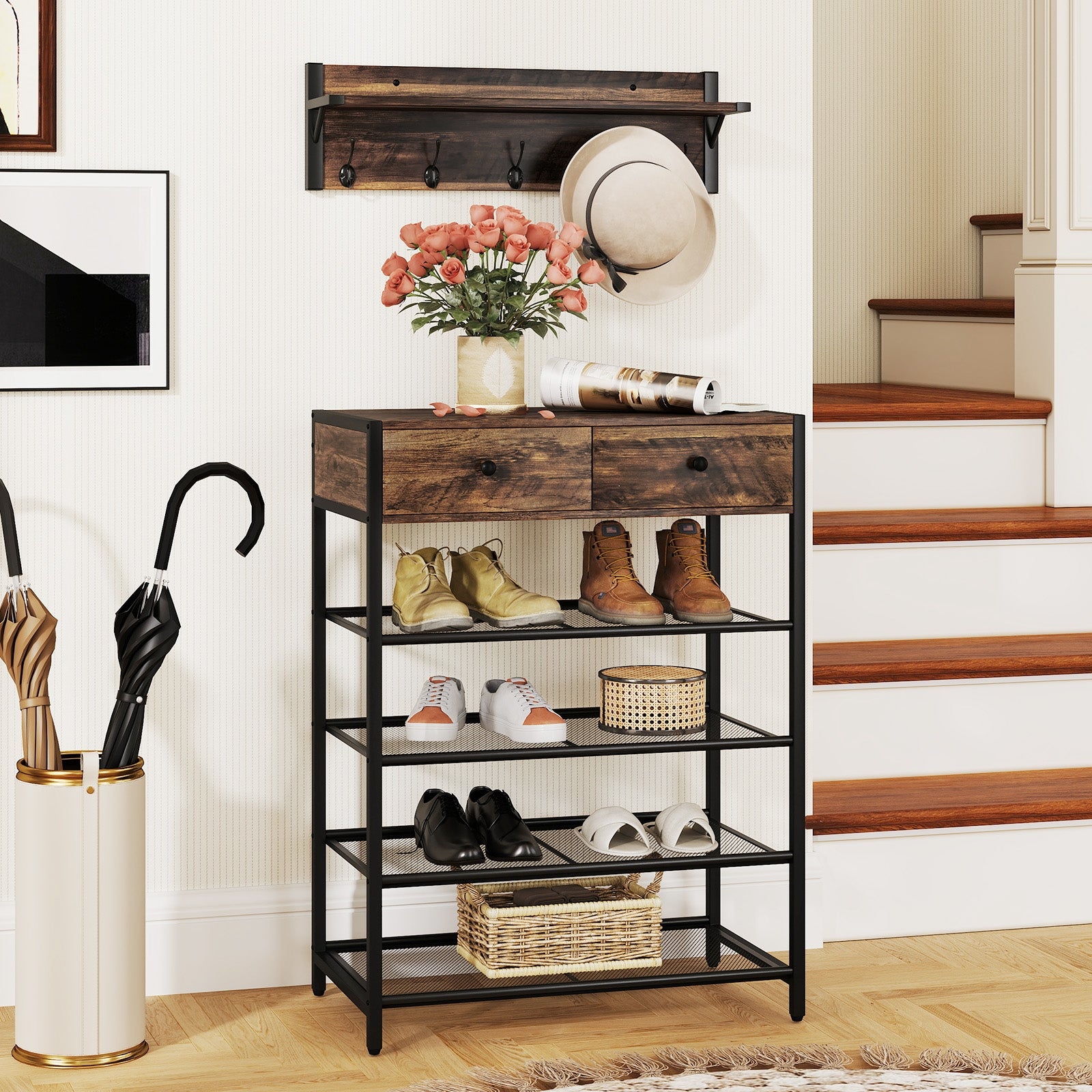 Coat Rack Shoe Stand Set 5-Tier Shoe Rack with Wall-Mounted Coat Hanger, Brown Shoe Racks & Storage Benches at Gallery Canada