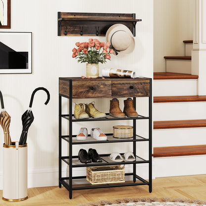 Coat Rack Shoe Stand Set 5-Tier Shoe Rack with Wall-Mounted Coat Hanger, Brown Shoe Racks & Storage Benches at Gallery Canada