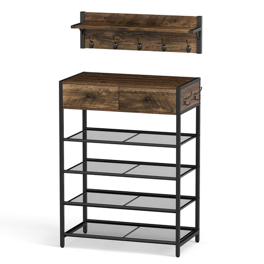 5-Tier Shoe Rack With Wall-Mounted Coat Hanger, Brown Shoe Racks & Storage Benches Brown at Gallery Canada