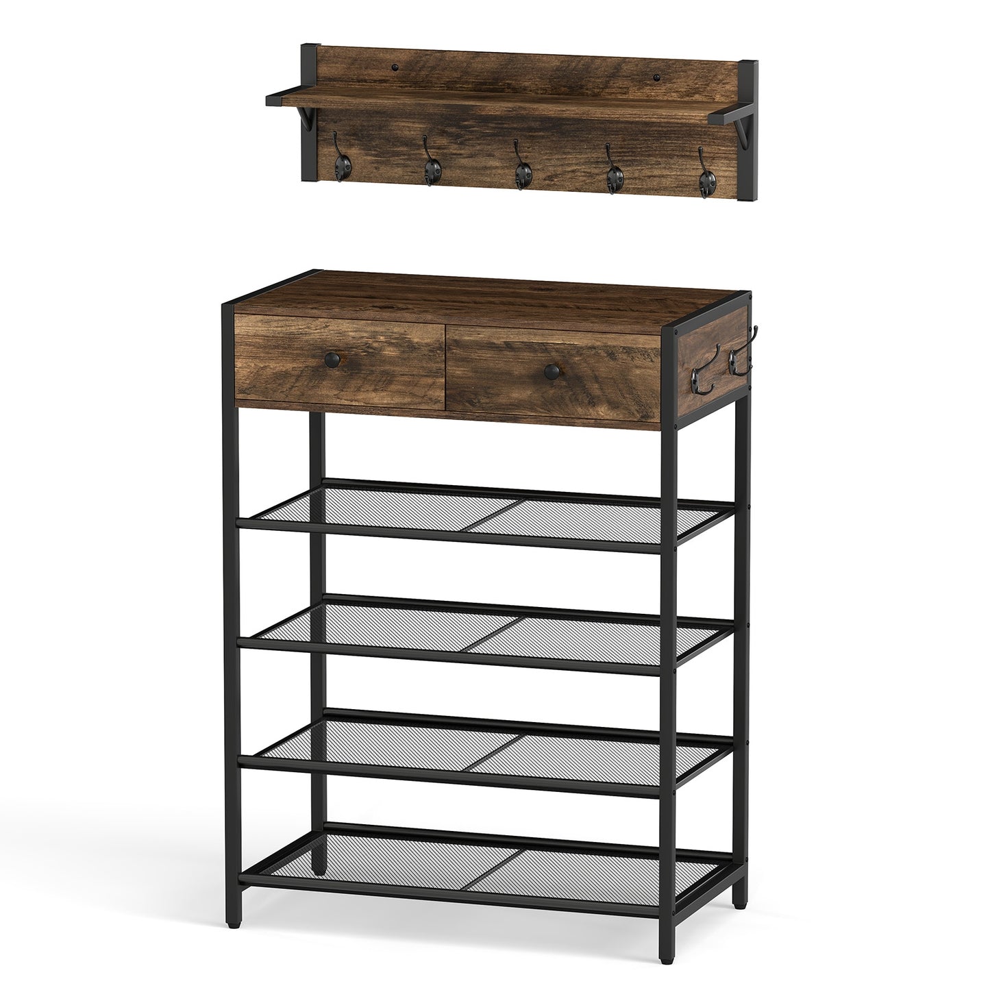 5-Tier Shoe Rack With Wall-Mounted Coat Hanger, Brown