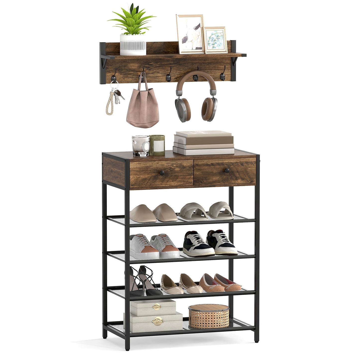 Coat Rack Shoe Stand Set 5-Tier Shoe Rack with Wall-Mounted Coat Hanger, Brown Shoe Racks & Storage Benches at Gallery Canada