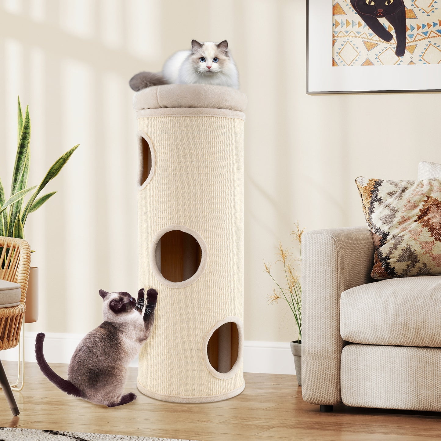 49 Inch Elevated Cat Cave, 4-Story Cat House, Beige Cat Houses at Gallery Canada