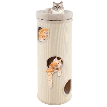 49 Inch Elevated Cat Cave, 4-Story Cat House, Beige