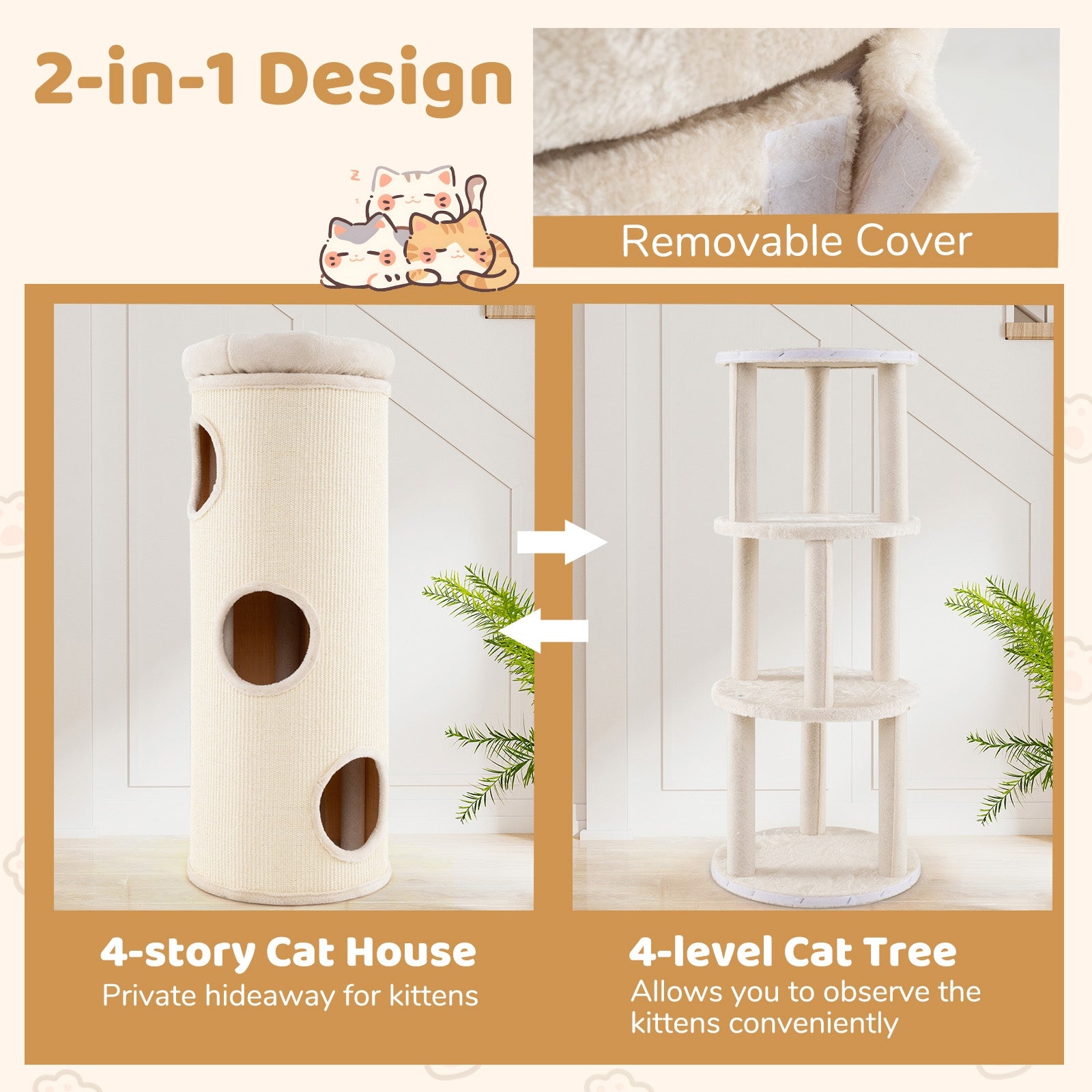 49 Inch Elevated Cat Cave, 4-Story Cat House, Beige Cat Houses at Gallery Canada