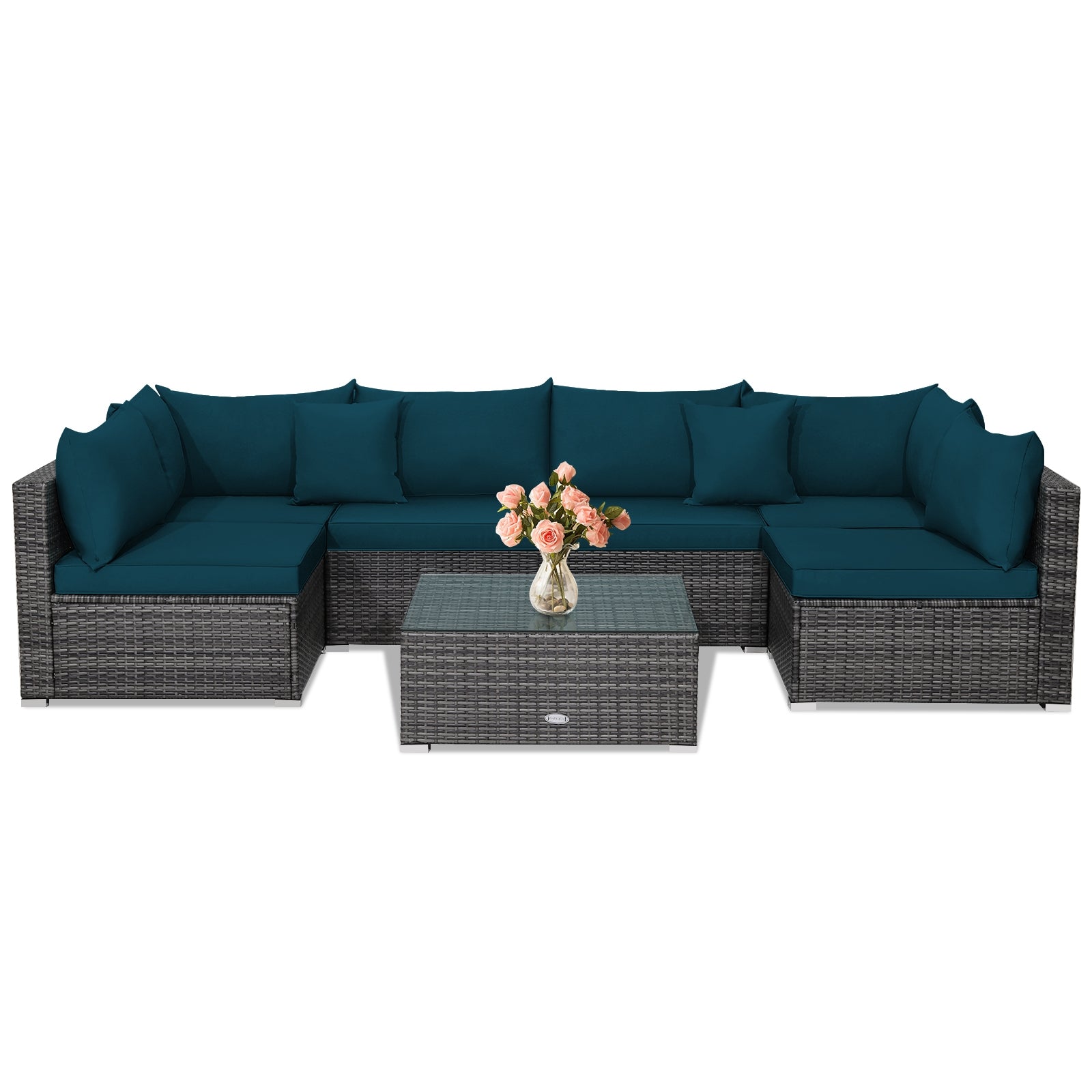 7 Pieces Patio Rattan Furniture Set with Sectional Sofa Cushioned, Green Outdoor Sectionals at Gallery Canada