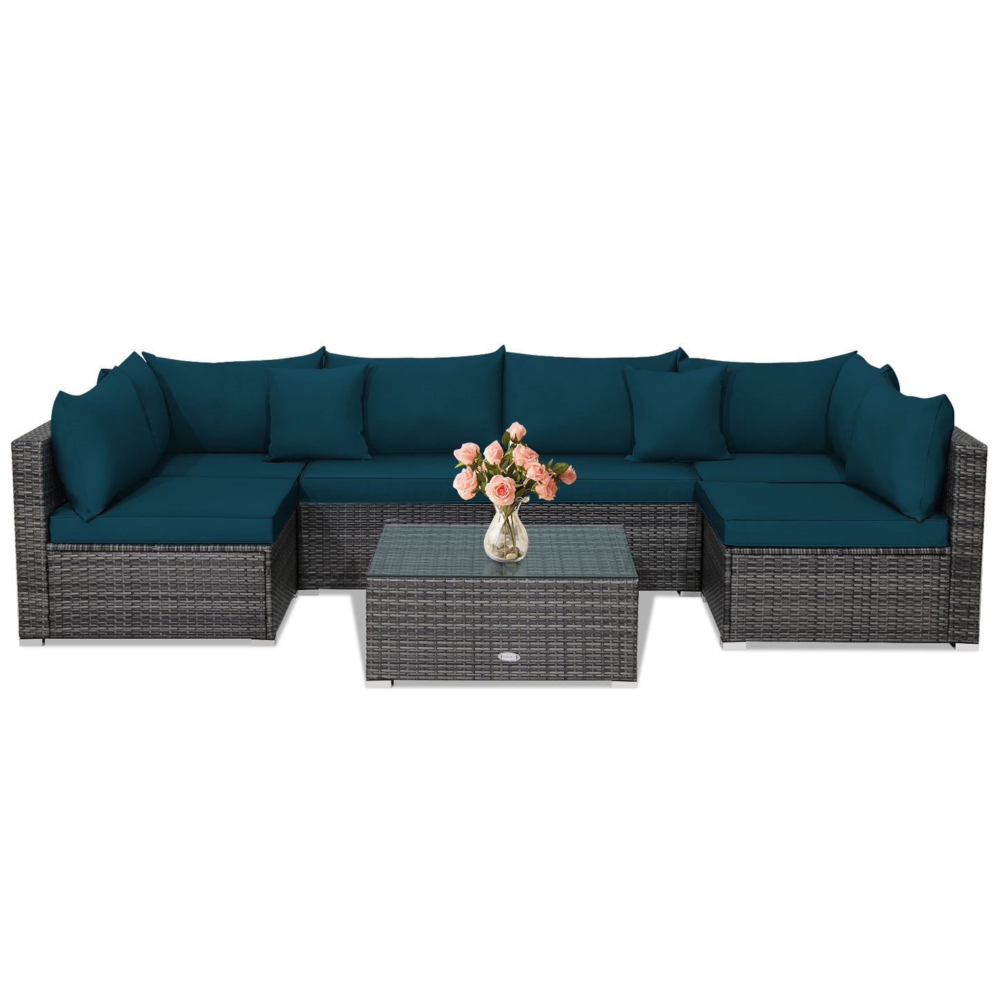 7 Pieces Patio Rattan Furniture Set with Sectional Sofa Cushioned, Green Outdoor Sectionals at Gallery Canada