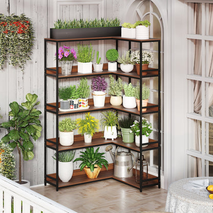 Corner Bookshelf 5-Tier L-Shaped Bookcase Etagere Bookshelf with Metal Frame, Walnut Bookcases at Gallery Canada