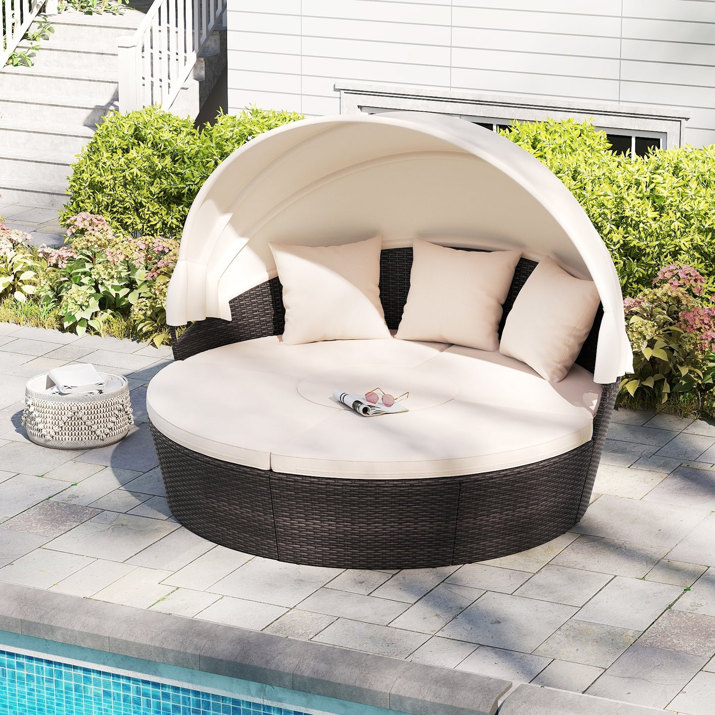 Patio Round Daybed With Retractable Canopy, White Outdoor Sectionals at Gallery Canada