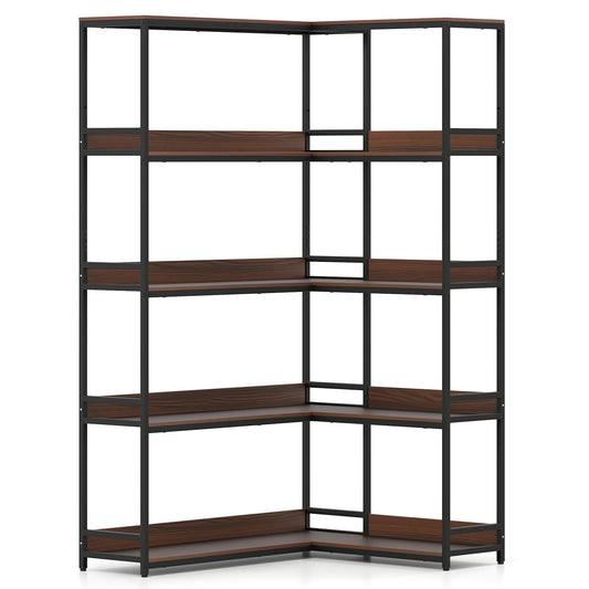 Corner Bookshelf, 5-Tier L-Shaped Bookcase, Walnut Metal Frame Bookcases Walnut at Gallery Canada