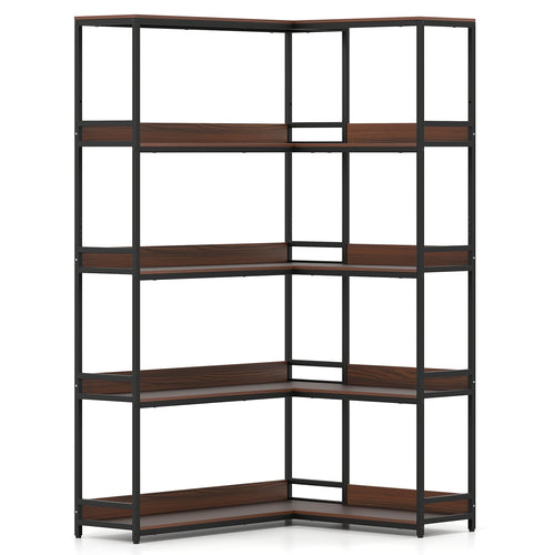 Corner Bookshelf, 5-Tier L-Shaped Bookcase, Walnut Metal Frame
