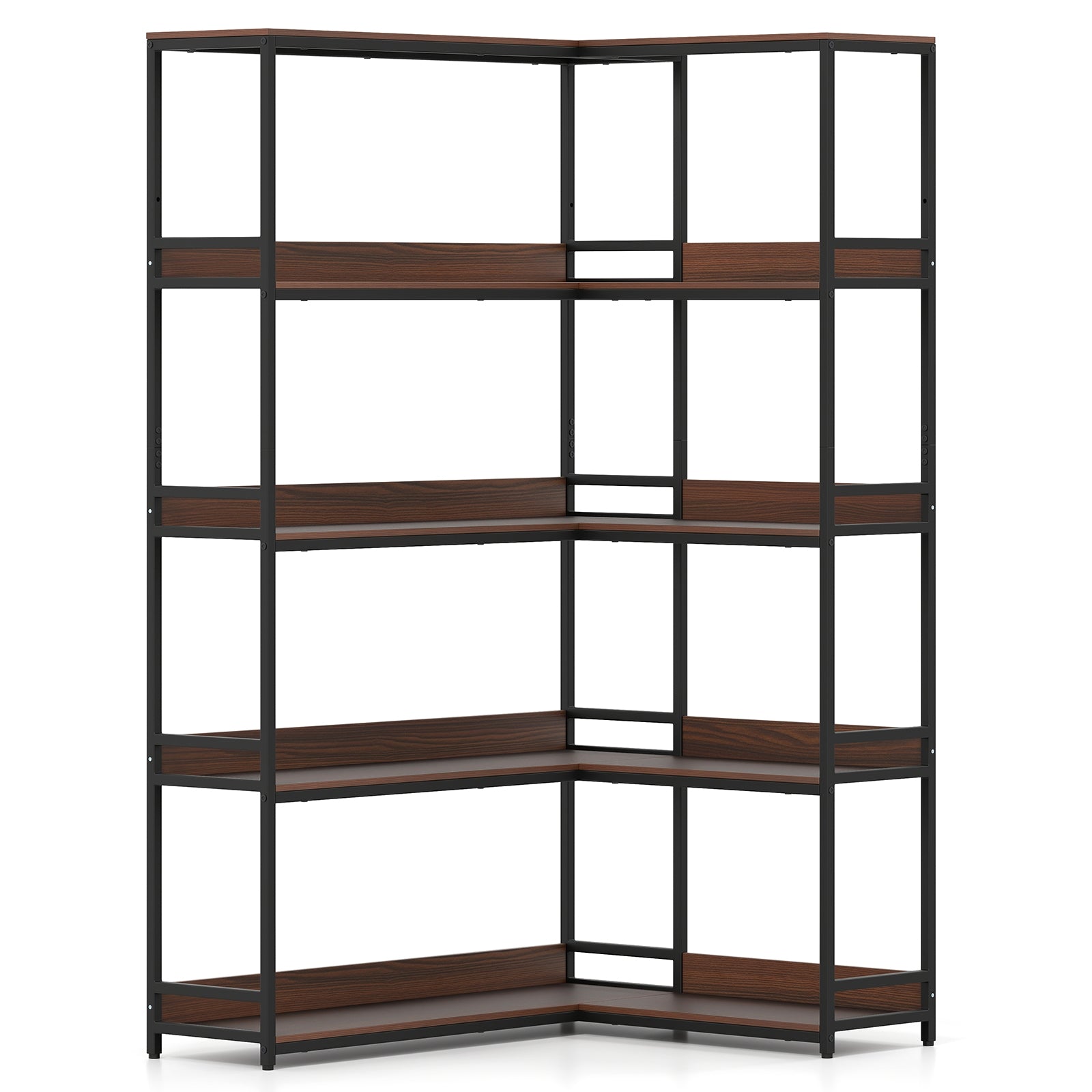 Corner Bookshelf, 5-Tier L-Shaped Bookcase, Walnut Metal Frame Bookcases Walnut at Gallery Canada