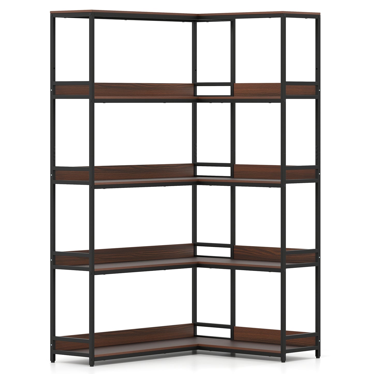 Corner Bookshelf, 5-Tier L-Shaped Bookcase, Walnut Metal Frame Bookcases Walnut at Gallery Canada