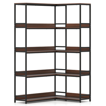 Corner Bookshelf, 5-Tier L-Shaped Bookcase, Walnut Metal Frame Bookcases Walnut at Gallery Canada