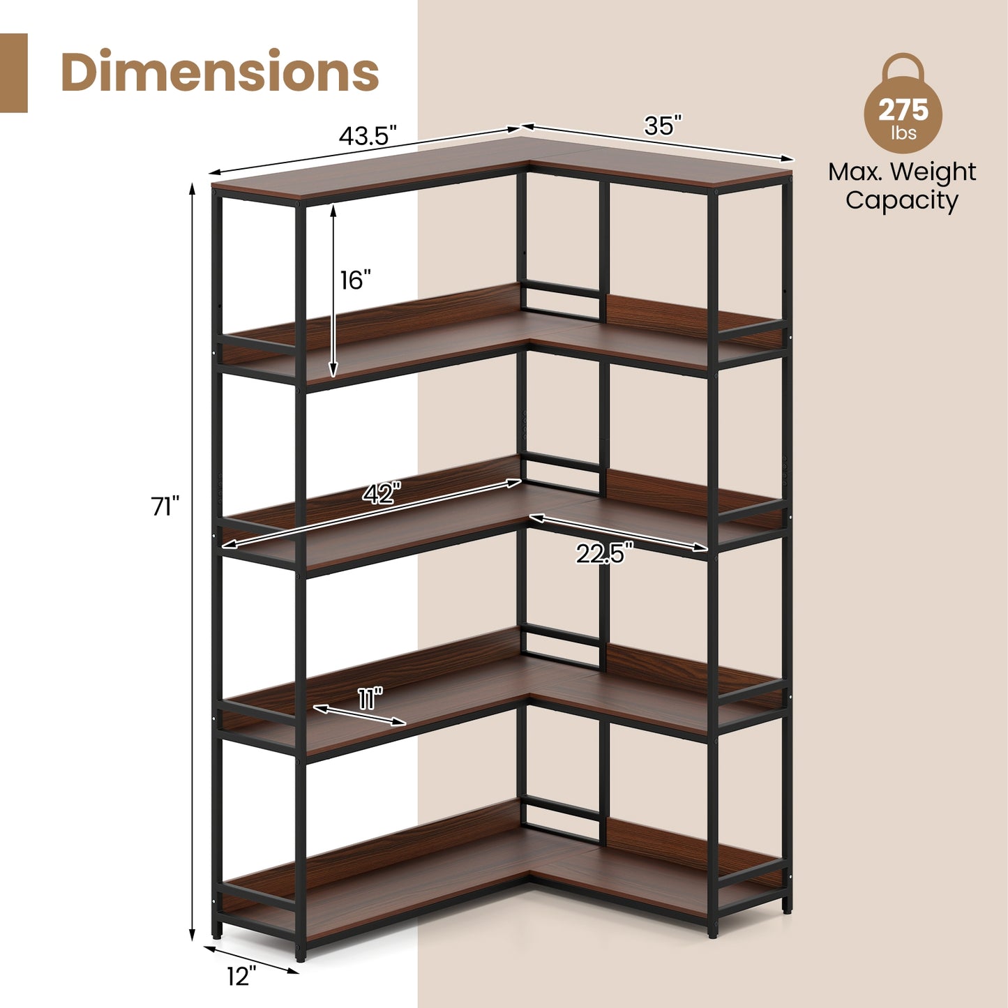 Corner Bookshelf 5-Tier L-Shaped Bookcase Etagere Bookshelf with Metal Frame, Walnut Bookcases at Gallery Canada