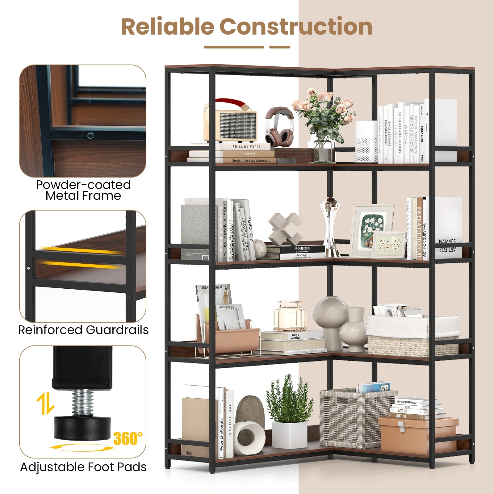 Corner Bookshelf 5-Tier L-Shaped Bookcase Etagere Bookshelf with Metal Frame, Walnut Bookcases at Gallery Canada