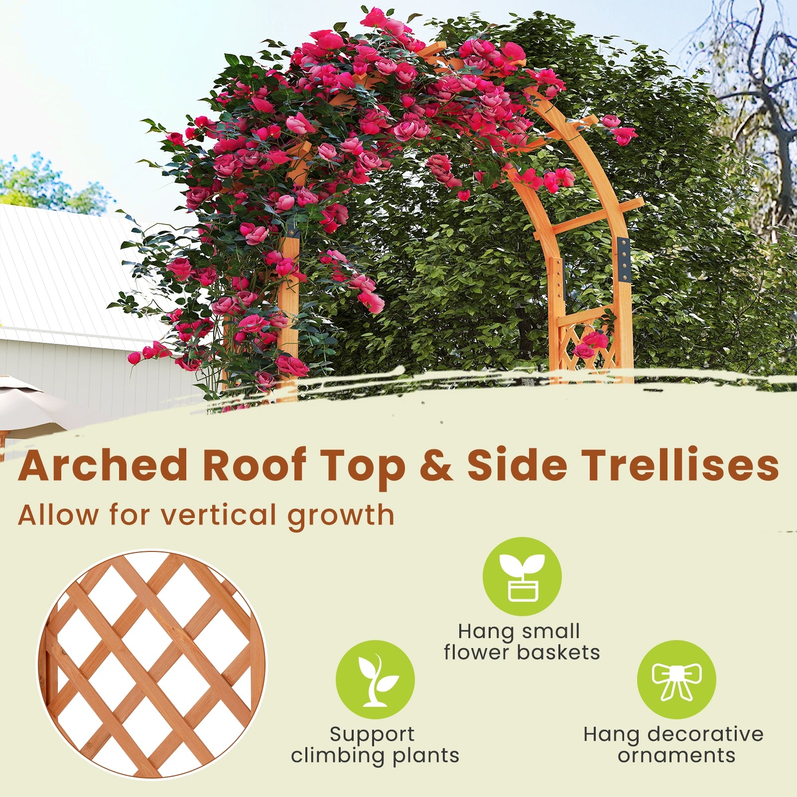 7.7 Feet Garden Arch Wooden Arbor for Climbing Plants, Orange Outdoor Decor at Gallery Canada