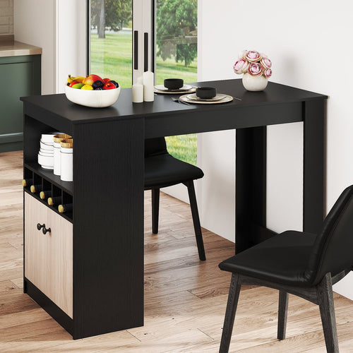 48 Inch Bar Table With Storage Cabinet, Wine Rack, Black
