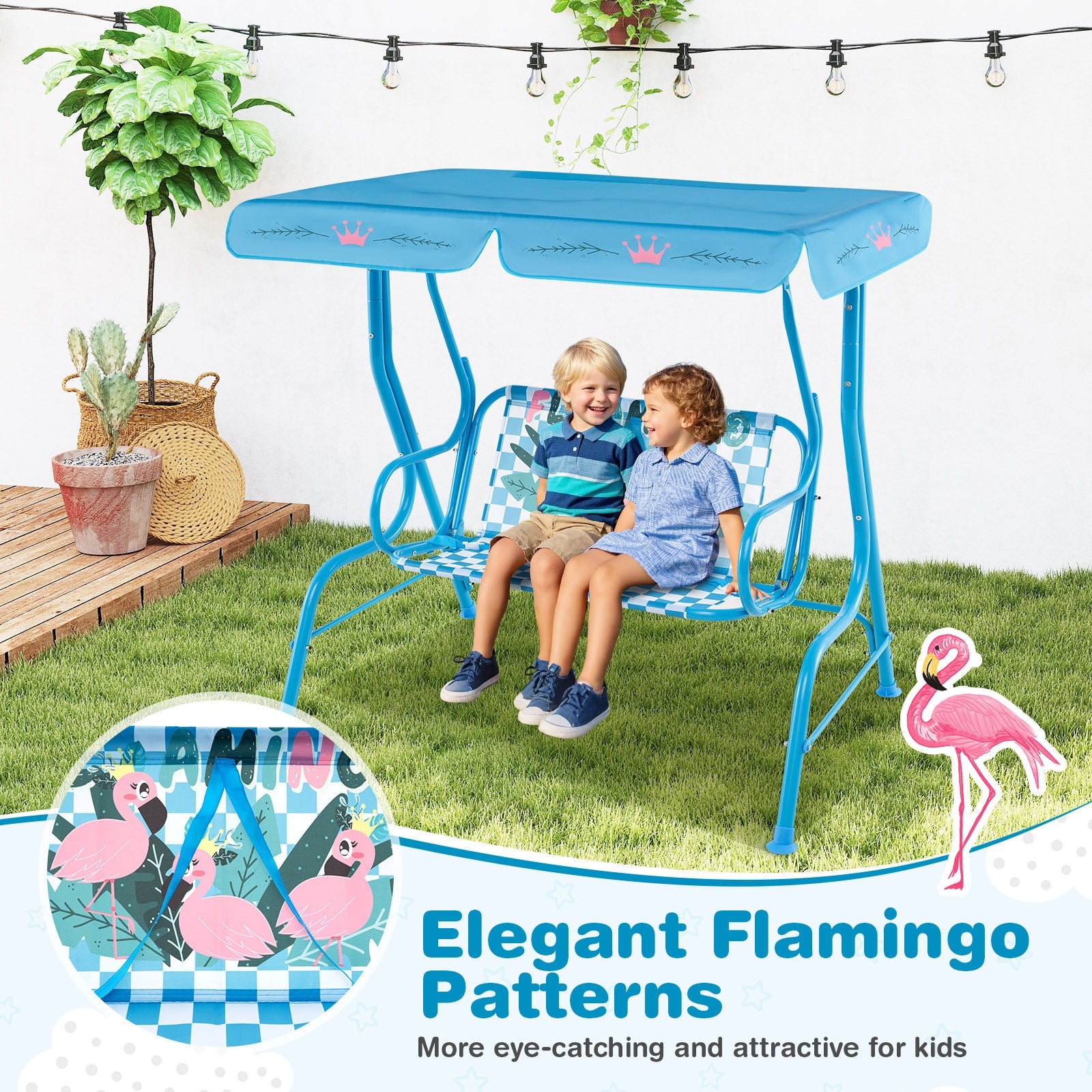 2-Seater Kids Patio Swing with Metal Stand and Adjustable Canopy, Navy Swing & Playsets at Gallery Canada