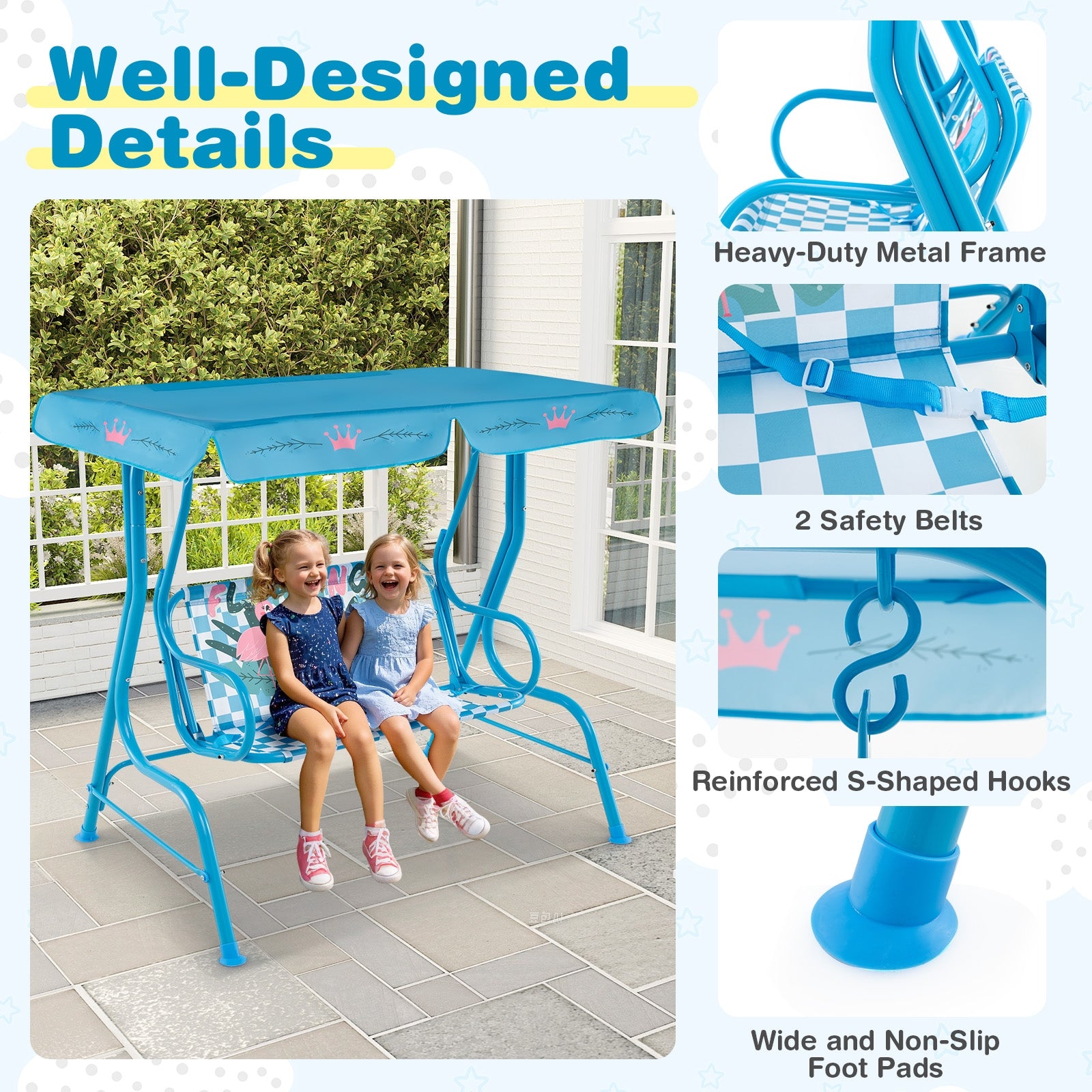 2-Seater Kids Patio Swing with Metal Stand and Adjustable Canopy, Navy Swing & Playsets at Gallery Canada