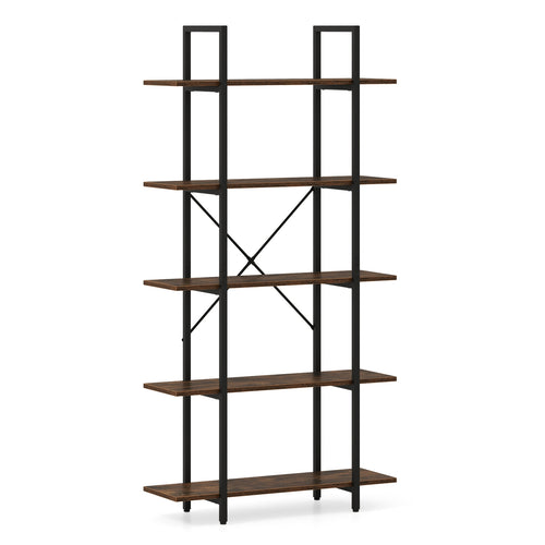 5-Tier 62 Inch Tall Vintage Industrial Bookcase with Open Storage Shelves, Rustic Brown